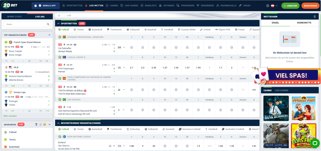 20BET Live-Casino-Spiele
